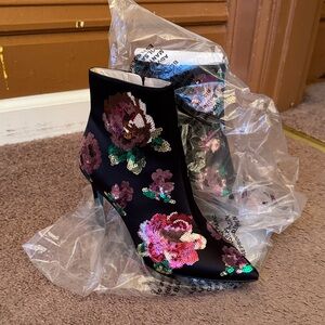 Betsey Johnson Black Floral Sequin Heeled Boots